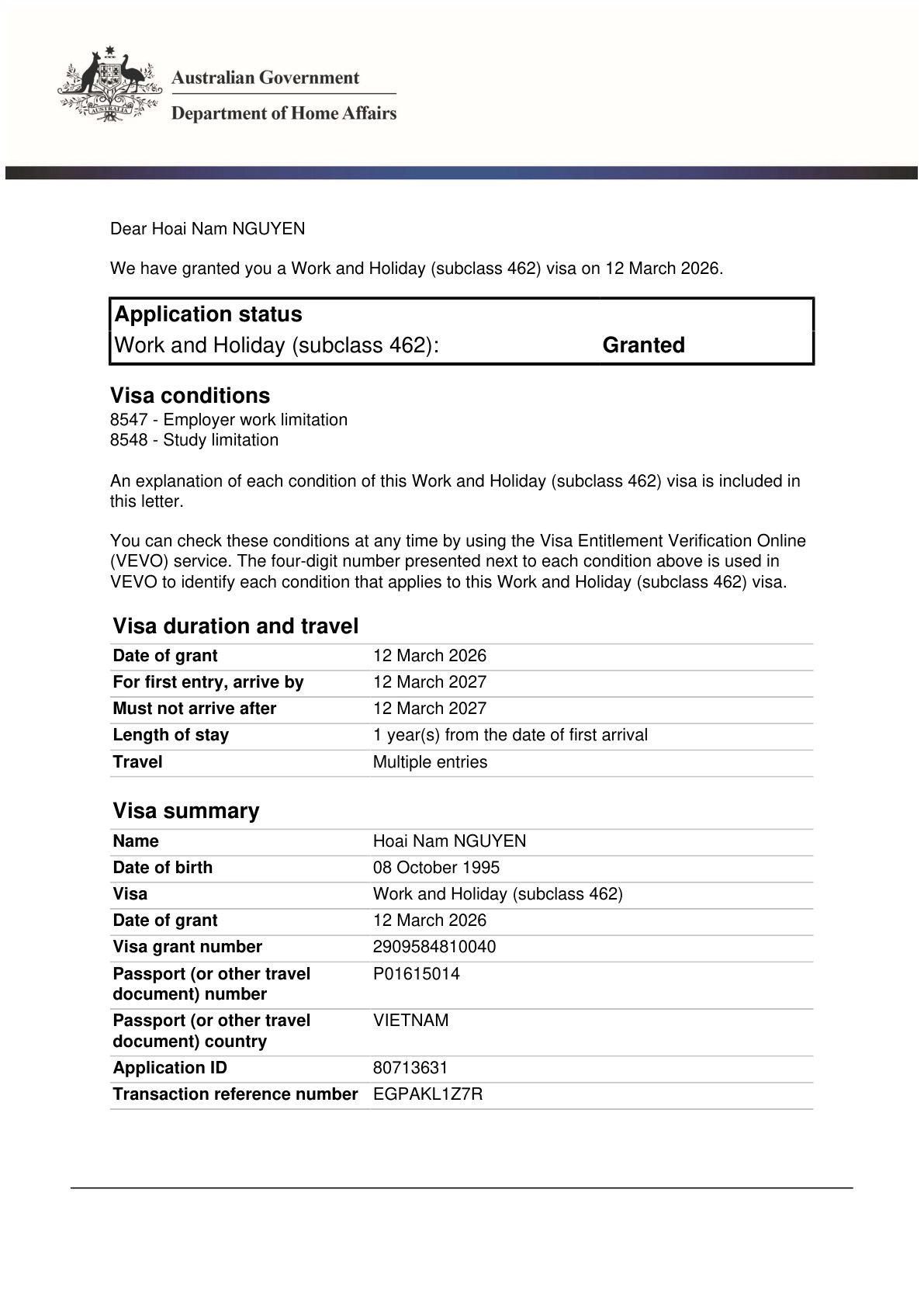 Visa Úc Work & Holiday (462) — ĐÃ CẤP