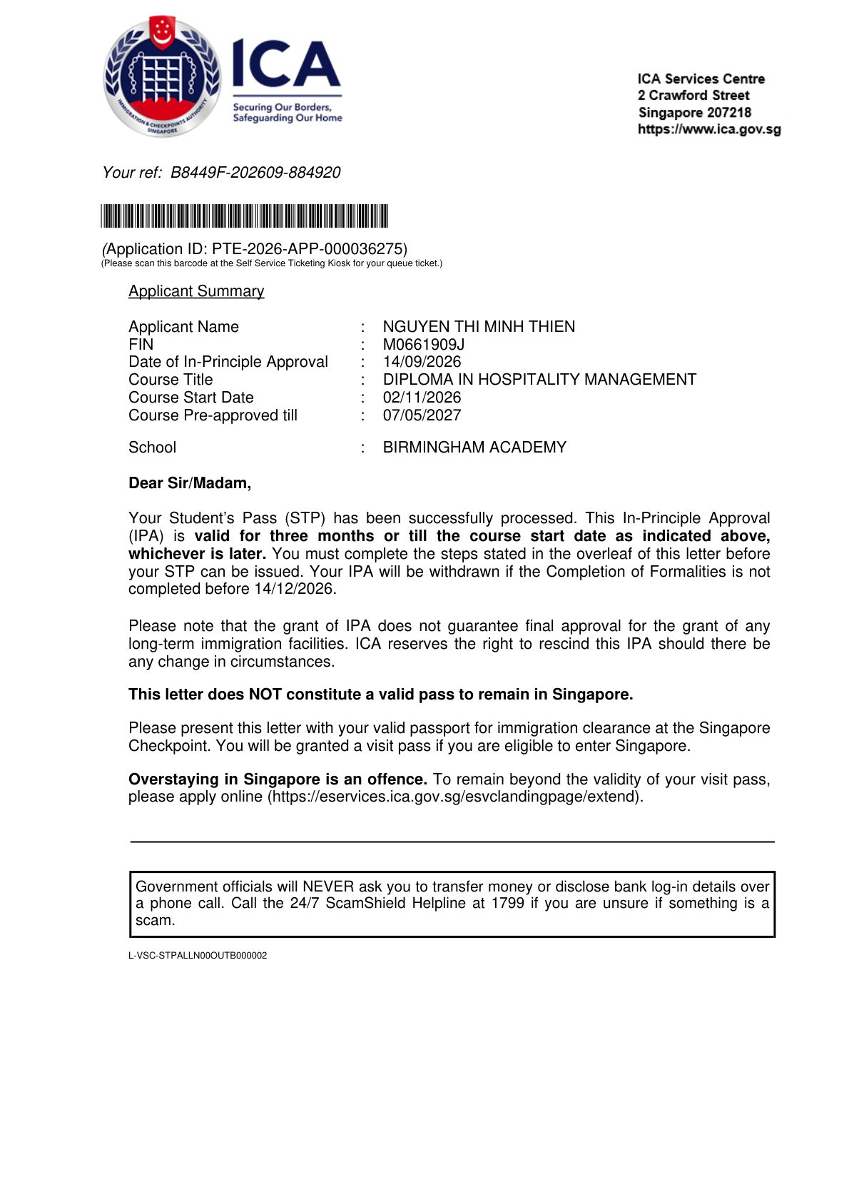 Cấp phép nhập học Singapore (IPA)