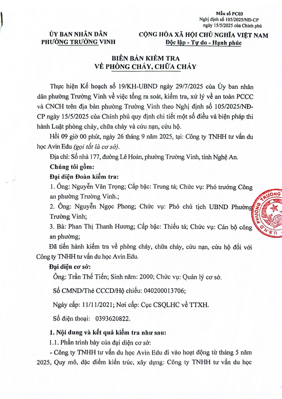 Biên bản kiểm tra phòng cháy chữa cháy