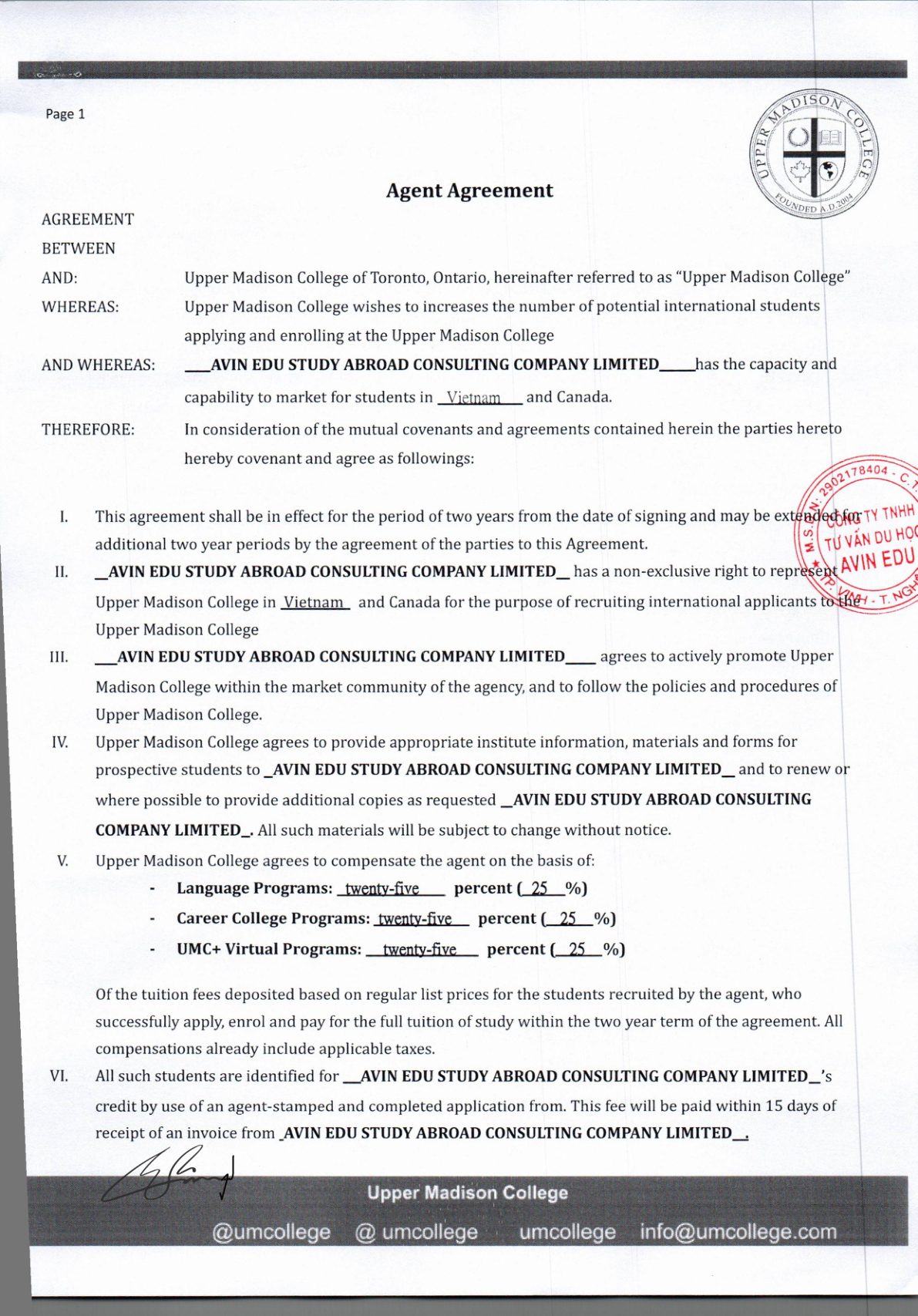 Thỏa thuận đại lý ESL — Upper Madison College